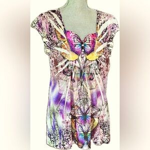 One World Short Sleeve Top purples pinks blues yellows butterfly design Exc M/L